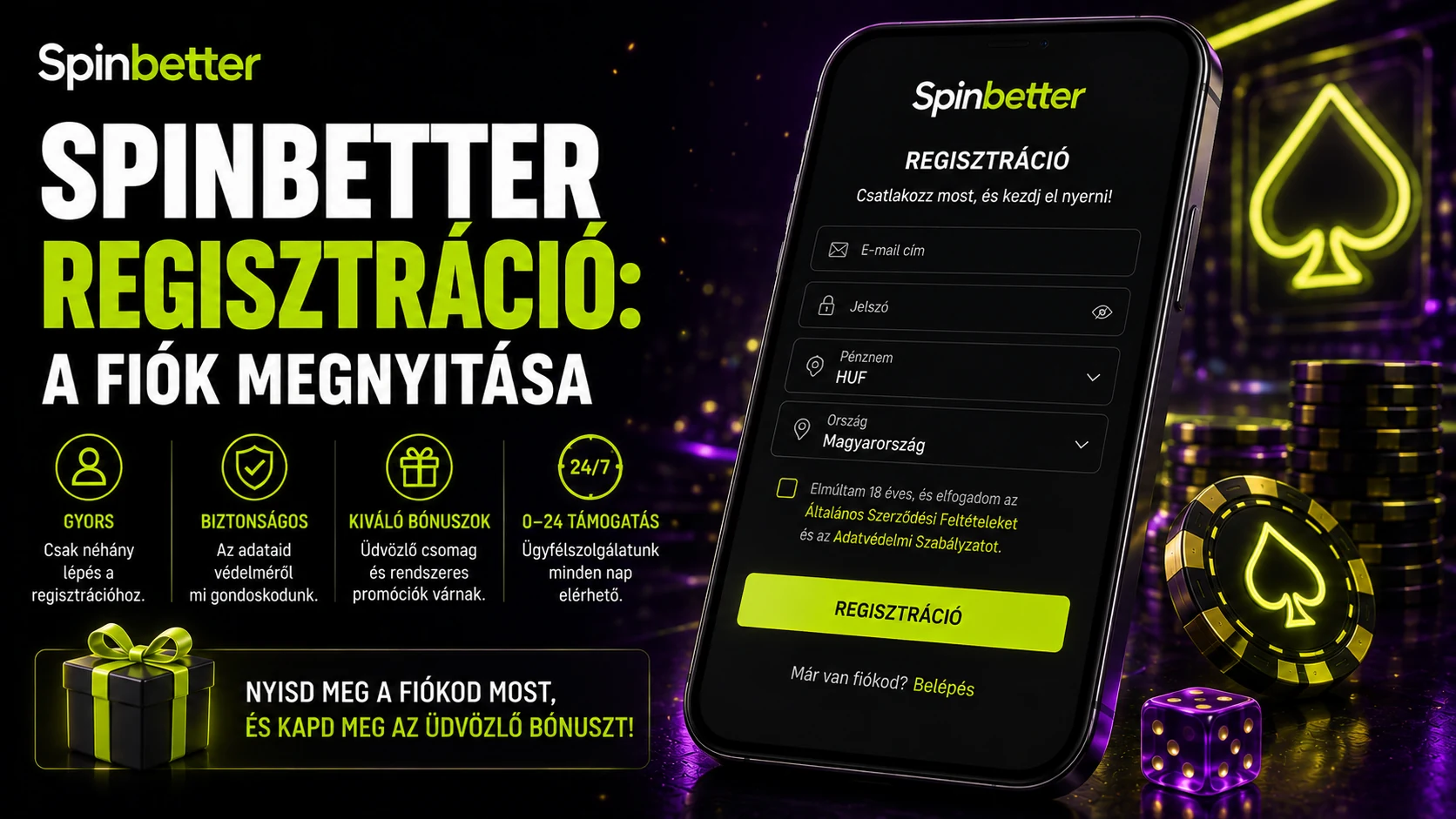 A SpinBetter regisztráció űrlapja mezőről mezőre